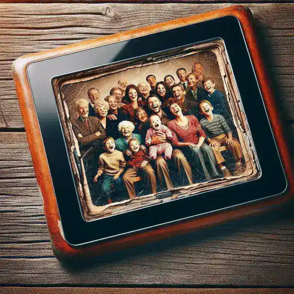 Alt text: "Tablet antigo transformado em porta-retratos digital exibindo fotos familiares, ilustrando o processo de reutilização e decoração criativa."
