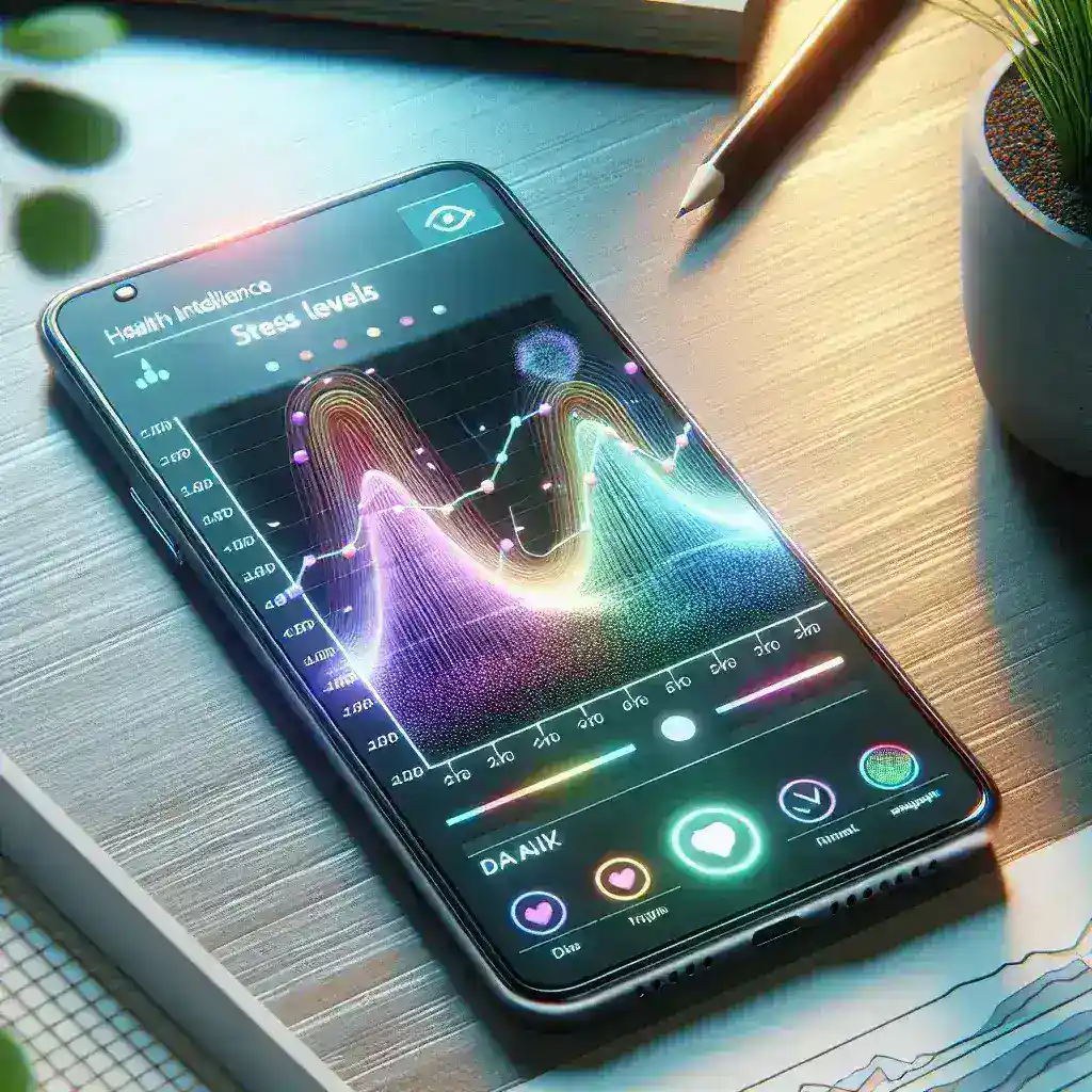 "Aplicativo de saúde baseado em IA monitorando os níveis de estresse em tempo real na tela de um smartphone."