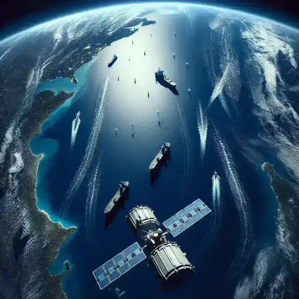 "Satélites militares em operação, monitorando atividades de navios ilegais no Atlântico Sul, destacando a tecnologia de vigilância moderna utilizada para combater a pesca ilegal e proteger o meio ambiente marinho."